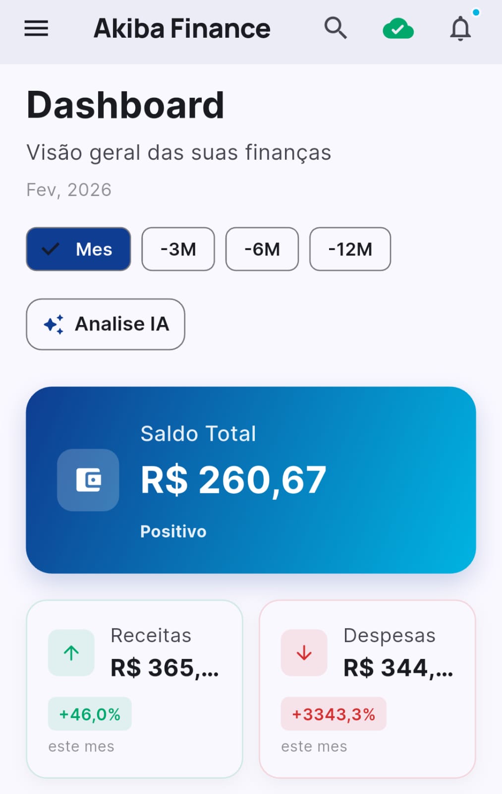 Tela de dashboard do Akiba Finance